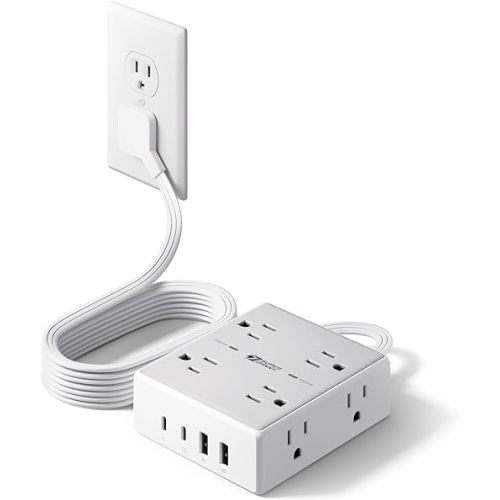 Flat Plug Surge Protector Power Strip, 6ft Ultra Thin Extension Cord with 4 USB (2 USB C Port), 8 Outlets Desk Charging Station, Wall Mountable Outlet Extender for Home Office, College Dorm Room