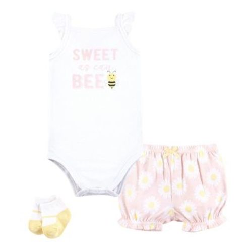 Hudson Baby Infant Girls Bodysuit, Short and Sock, Bee Pink Daisy, 9-12 Months