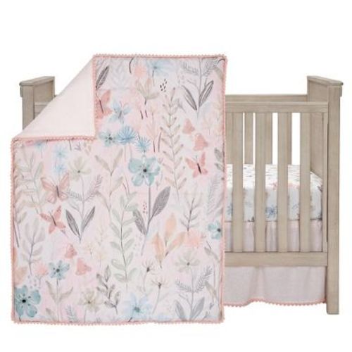Lambs & Ivy Baby Blooms 3-Piece Pink Floral/Butterfly Baby Crib Bedding Set