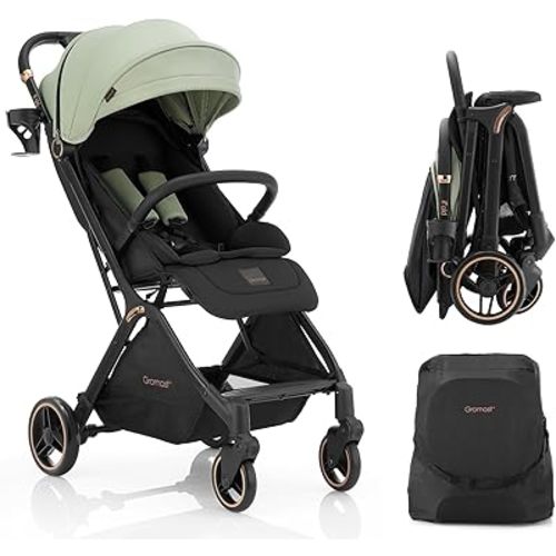 Gravity Folding Baby Stroller - Portable Travel Toddler Stroller w/Adjustable Backrest, Canopy & Cup Holder, Lightweight and UV Protected, One-Hand Automatic Folding - Green