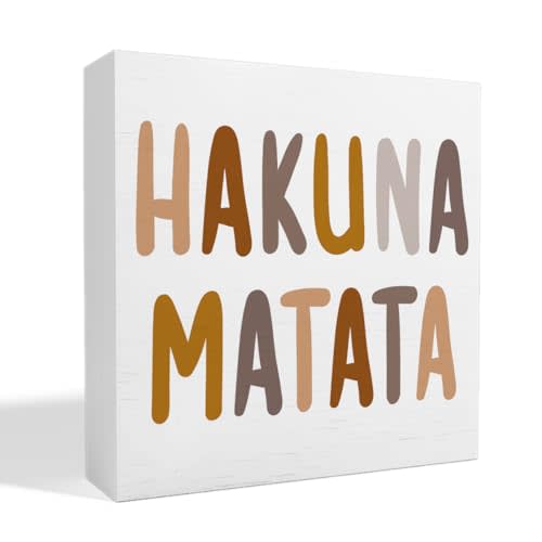 thoqii Nursery Table Decor, Hakuna Matata Wooden Sign, White, 5x5 Inches, Wall Hanging or Standing, Living Room, Bedroom, Kitchen Decor