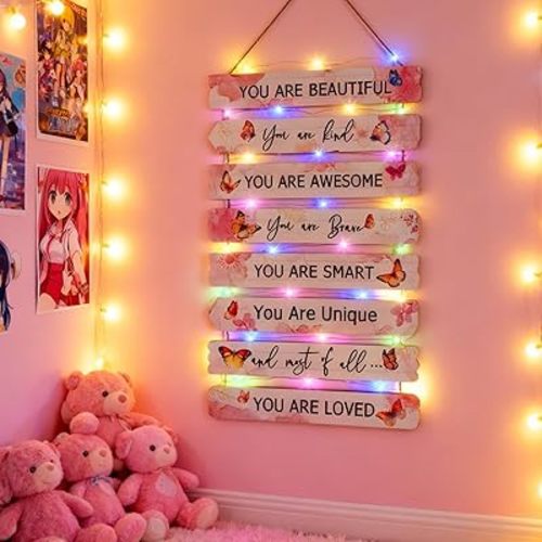 Vintage Classic Butterfly Sign Nursery Wall Decor Set of 8 with LED Lights, 11.4x2 Pink Cute Plaque Wall Art for Baby Girl Kid Teen Toddlers, 8 PCS Positive Wooden Quote Gift for kawaii Fairy Room