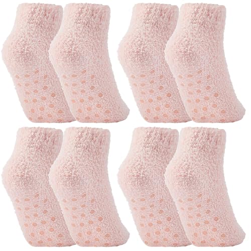 Foaincore 4 Pack Non Slip Hospital Socks for Women Men Non Slip Ankle Fuzzy Socks Thick Warm Festival Gifts
