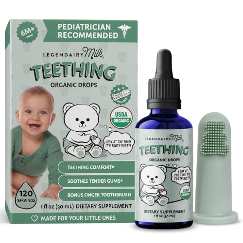Legendairy Milk Organic Baby Teething Drops with Toothbrush, 120 Servings | Chamomile, Clove & Echinacea Blend to Help Soothe Painful and Swollen Gums During Teething for Babies 6+ Months, Sugar Free