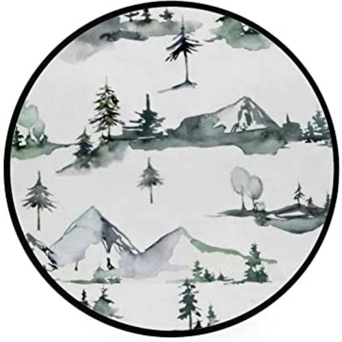 ZHIMI Round Area Rug 3ft Non-Slip Circle Floor Mat Soft Watercolor Snow Trees Mountains White Nursery Rug Absorbent Play Mat Farmhouse Home Decor