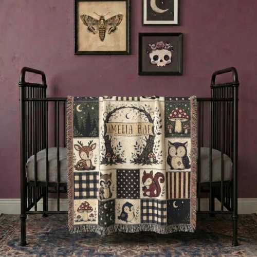 Personalized Creepy Cute Woodland Woven Baby Blanket, Custom Name Whimsigoth Patchwork Nursery Throw, Goth Baby Shower Gift