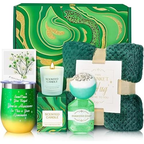 Birthday Gifts for Women, Mothers Day Gifts, Appreciation Gift Teacher & Nurse Get Well Soon Spa Retirement Gift Basket with Flannel Blanket for Mom, Grandma, Sister, Wife, Girlfriend, (green)
