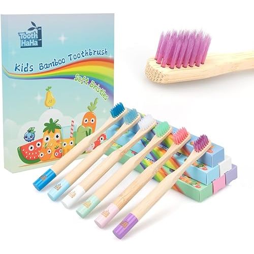 Tooth HaHa Kids Bamboo Toothbrushes, BPA-Free Soft Bristles, Eco-Friendly Natural Wooden Toddler Toothbrush, 6-Pack Travel Toothbrushes Set for Children