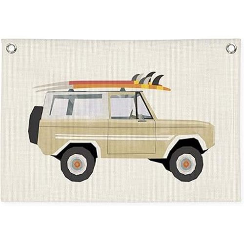 DDYGZYW Surf Decor Linen Banner Wall Hanging,Beach Surf Coastal Vintage Decor,Trendy Retro Surf Car Wall Decor Hanging Banner Flag for Kids Boys Toddler Nursery Room Bedroom Playroom 30x20 Inch