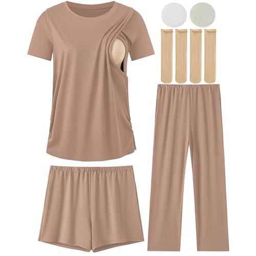 DANSHOW 5 Piece Maternity Nursing Pajamas Pregnancy Pjs Sets Breastfeeding Sleepwear for Women, Nursing Breast Pads & Socks