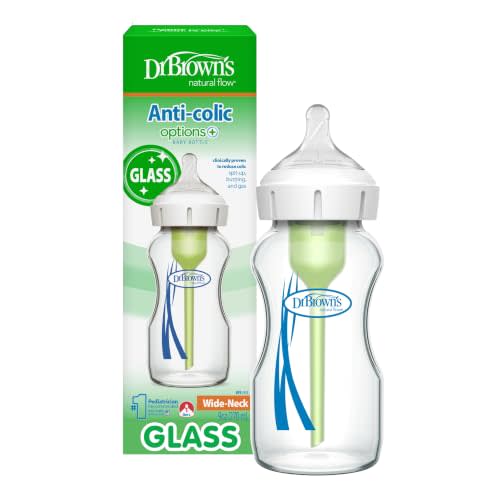 Dr. Brown's Anti-Colic Options+ Wide-Neck Glass Baby Bottle, 9 oz, 1-Pack | Clinically proven to reduce colic, glass bottle with Level 1 slow flow nipple, 0m+, BPA-free