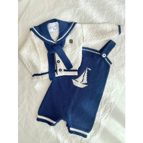 Conjunto marinero azul marino de punto para bebé niño: cárdigan y pelele con estampado de barco - Conjunto náutico blanco y azul para recién nacido