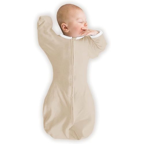 SwaddleDesigns Organic Transitional Swaddle Sack, Arms Up Swaddle with Half-Length Sleeves & Mitten Cuffs, Small, 0-3 Months, 6-14 lbs, Sand Dollar