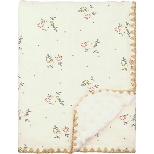 Baby Blanket 40x40 Inches,Muslin Cotton and Minky Dotted Double Layer Soft Receiving Blanket for Newborn Toddler,Retro Flower
