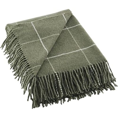 Faux Cashmere Reversible Throw with Fringes 50x60 for Bed Sofa Couch, Windowpane Soft Cozy Warm (Green)