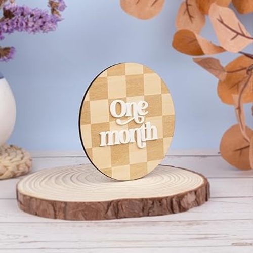 Wooden 3D Baby Monthly Milestone Cards Monthly Milestone Discs Newborn Photography Props Baby Announcement Sign Baby (Checkered)