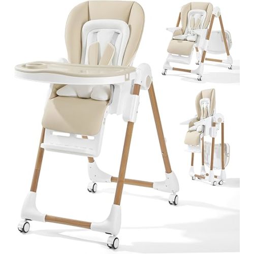Mallify Foldable High Chairs for Babies and Toddlers, 3-in-1 Convertible Baby High Chair with Removable Soft Cushion and Tray, Adjustable Height & Recline, Lockable Wheels, Cream