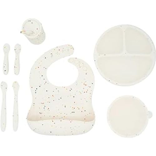 WeeSprout Baby Led Weaning Bundle, Silicone Suction Bowl, Spoons, Bib & Cup, Develops Self Feeding Skills, Dishwasher Safe (Confetti)