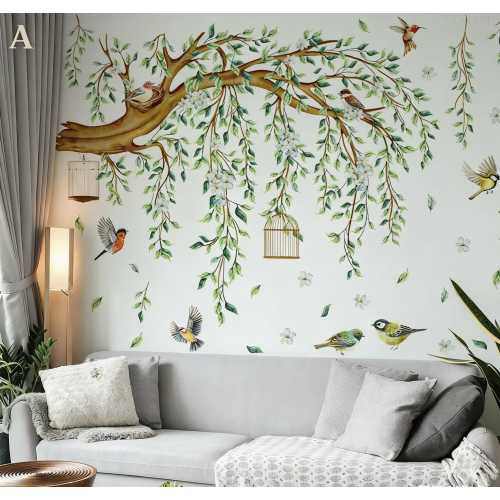 Large Tree Branch Wall Decals with Birds and Cages Birds Wall Stickers Removable Peel and Stick Living Room Tv Background Bedroom