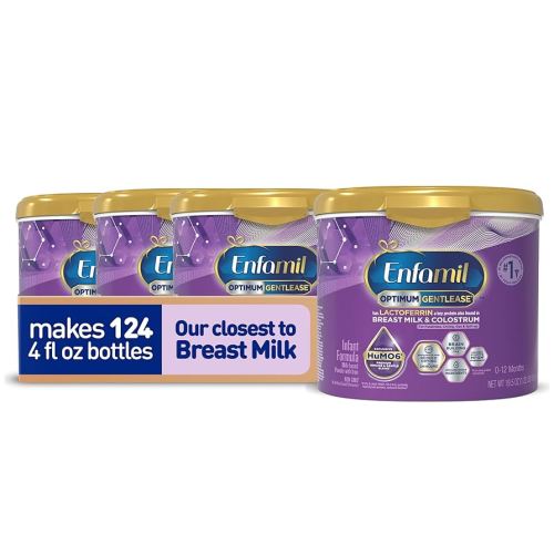 Enfamil Optimum Gentlease Baby Formula, Our Closest Formula to Breast Milk For Fussiness, Crying, Gas & Spit-up, Immune-Supporting Lactoferrin also found in Breast Milk, 19.5 Oz, Pack of 4