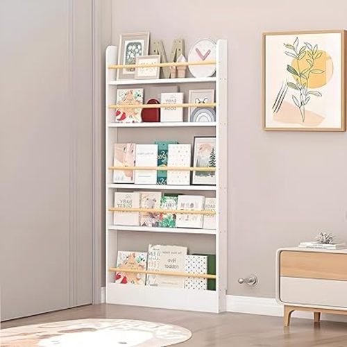 Wooden 3/4/5/6 Tier Behind The Door Bookshelf, Tall Narrow Floor Standing Bookcase, Space-Saving Storage Organizer for Books, Bedroom, Living Room, Office White 27.6x3.9x57.1