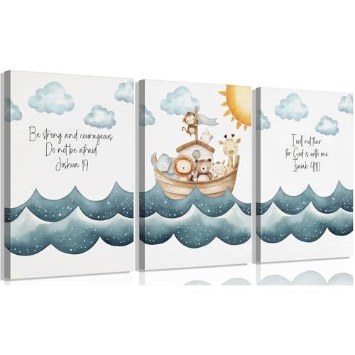 3Pcs Children's Bible Verse Wall Art Noahs Ark Nursery Painting picture Christian Inspirational Wall Decor Religious Educational Posters Prints for Kids Bedroom Classroom Home Decoration 16x24in