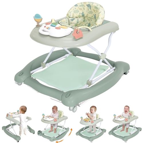 Foldable Baby 5-in-1 Activity Walker - Rocker, Activity Center, Bouncer, Seat Walker, Push Walker - Adjustable Speed Rear Wheels and Height Toys Ages 6-18 Months… (Light Green)