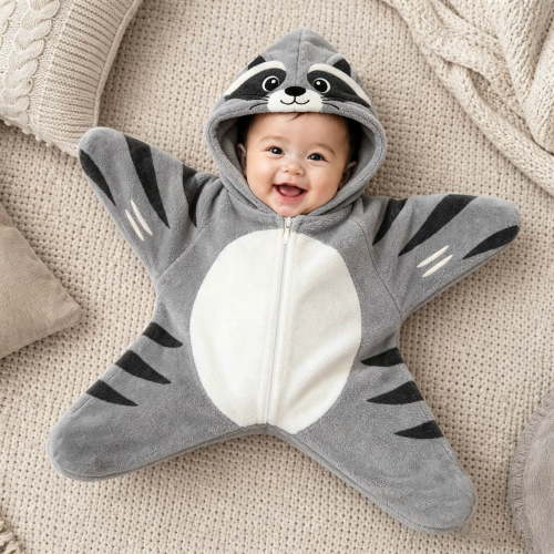 Baby Outfit, Animal Star Shape Flannel Romper for Baby Soft Warm Zip Jumpsuit, Cozy Sleepwear Playwear,70cm(0-3months),Racoon