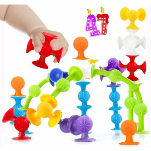 Suction Bath Toys for Kids, 47 Piece Starter Set Suction Cup Toys Stocking Stuffers Pop Darts Preschool Sensory Fidget Toys for Boys Girls | No Hole Bath Toy | BPA Free (Large)