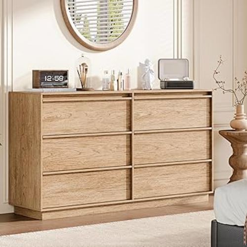 55.12" Modern Chest of Drawer, 6 Deep Drawers,Clothes Organizer,Large Storage Cabinet for Living Room, Bedroom,Dresser TV Stand, Wood Drawer Organizer for Living Room, Hallway, Oak