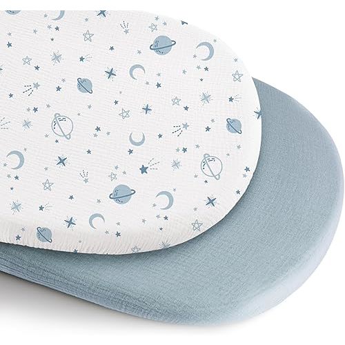 Konssy 2 Pack Muslin Bassinet Sheets for Baby Boy, 100% Cotton Soft Breathable Bassinet Mattress Sheets Fit for Hourglass Oval Cradle Rectangle Mattress (Star,Blue)