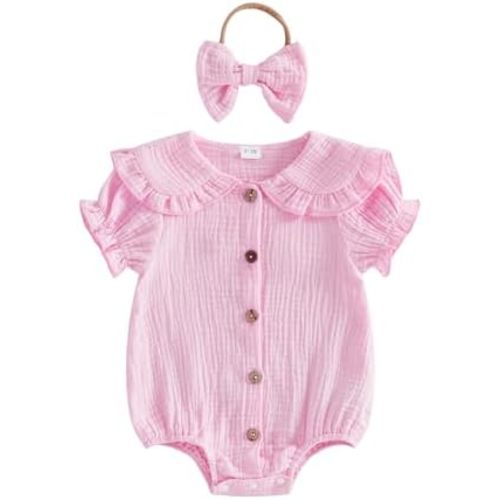 Newborn Baby Girl Outfit Solid Color Peter Pan Collar Puff Sleeve Romper Cotton Linen Bodysuit Summer Clothes Headband
