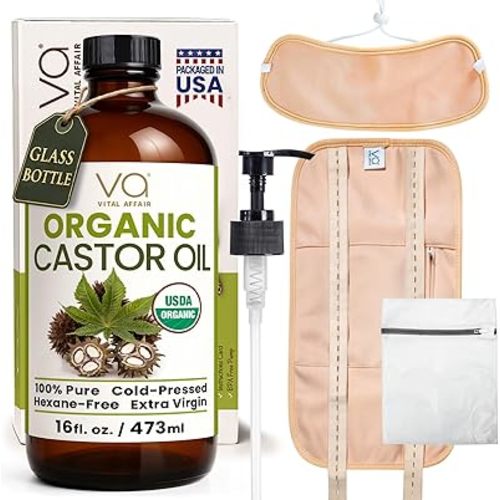 Castor Oil Pack Wrap Kit – USDA Organic, 16 oz Cold-Pressed Hexane-Free Castor Oil in Glass Bottle | Adjustable Cotton Flannel Waist & Neck Wraps | Made in USA | Liver, Abdominal & Detox Therapy