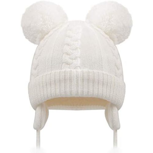 Toddler Winter Hat, Earflap Double Pom Pom Knit Beanie 0-36M
