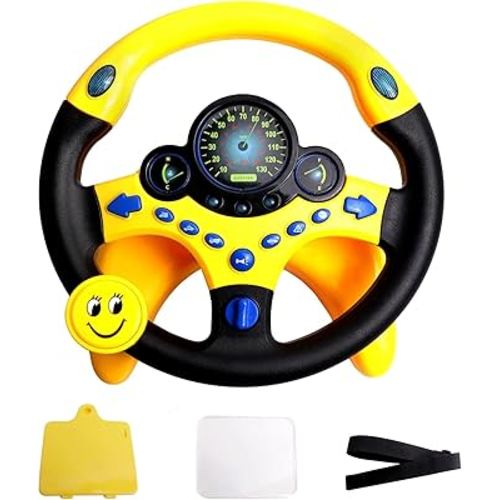 Kids Steering Wheel Toy for Car Backseat with Light and Music,Suction Cups Base-Interactive Simulated Driving Toy Steering Wheel for Kids Boys Girls,Yellow