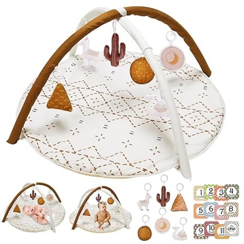Little Dove Tummy Time Mat with 6 Toys, Macrame Baby Play Mat for Newborn, Baby Gym with 12 Milestone Cards, Stage-Based Sensory and Motor Skill Development Baby Play Gym, Non Slip Mat Washable, Khaki