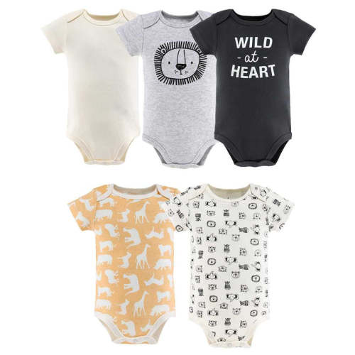 5 Pc Short Sleeve Bodysuits Safari Faces, 9-12 Months