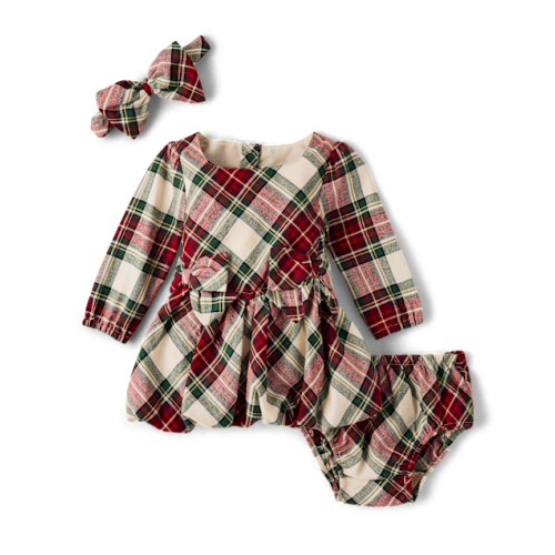 Baby Girls Plaid Bow Flannel Bubble Dress - Royal Christmas - Red