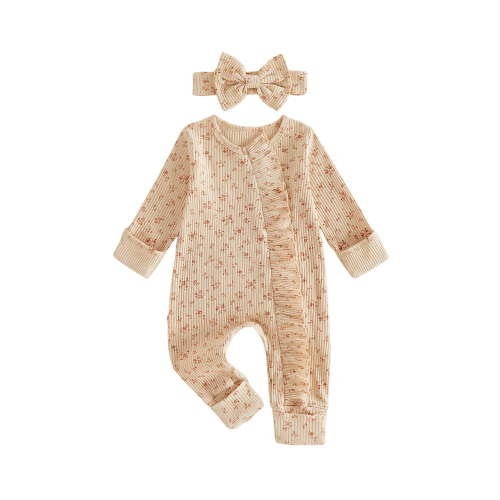 BemeyourBBs Preemie Baby Girl Spring Summer Fall Winter Clothes Baby Girl Newborn Hospital Going Home Outfit Ruffled Ribbed Romper Long Sleeve Floral Zipper Jumpsuit with Bowknot Headband
