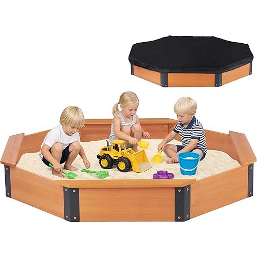 64''x56''x8.5'' Octagon Sandbox with Cover for Kids Outdoor Play, Wood Large Sandpit with 4 Benches, Quick Easy Install, US. Patented