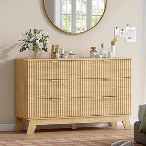 Wodeer 6 Drawer Fluted Dresser for Bedroom, Mid Century Modern Wooden Dresser with 6 Drawers, Dressers & Chests of Drawers with Metal Handle, TV Stand & Storage Organizer for Entryway, Hallway, Oak