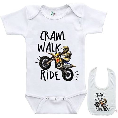 Crawl Walk Ride -Cute Motorcycle Shirt Newborn Baby Bodysuit Outfit Onesie & Bib