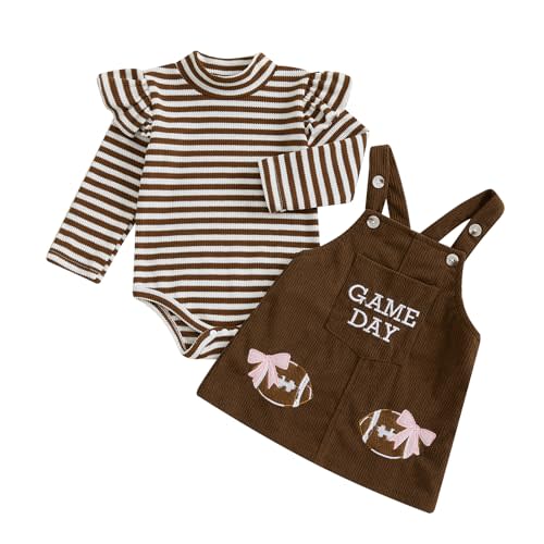 Newborn Infant Baby Girl Game Day Football Outfit Long Sleeve Striped Onesie with Corduroy Suspender Skirt Set