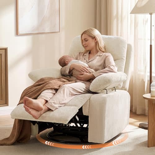 FiveWillowise Rocking Chair Nursery with Adjustable Armrests, 360° Swivel Rocker Recliner for Moms, Manual Gilder Rocker Nursing Chair with Wide Foot Rest for Living Room, Bedroom, Beige