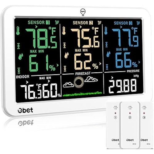 OBET Weather Station Wireless Indoor Outdoor Thermometer with 3 Sensors, Temperature Humidity Monitor with Alerts 500ft Range and 3 Adjustable Brightness White
