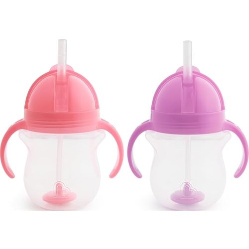 Munchkin Any Angle Sippy Cups for Toddlers, Spill Proof Weighted Straw Cup with Transition Handles for Babies 6 Months and Up, 7 Ounce, 2 Pack, Pink/Purple