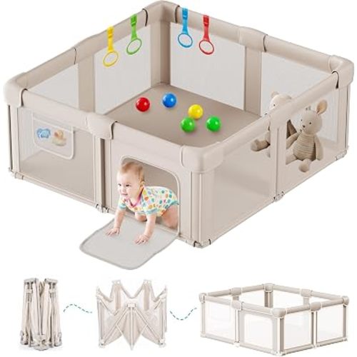 Foldable Baby Playpen with Mat, 50x50 Inches, Light Khaki