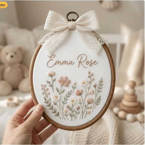 Personalized Floral Baby Name Embroidered Sign, Custom Baby Nursery Name Hoop, Floral Baby Shower Wall Art, Newborn Name Announcement Gift