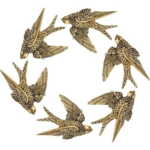 6 Pcs Vintage Bird Wall Sculpture Decor Art 4.7 Inch Antique 3D Sculpted Hanging Bird Resin Wall Art Golden Brass Floating Ornament for Living Room Garden Outdoor, Valentine's Day Gifts for Couples
