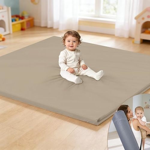 Baby Play Mat 47x47 Inches, Extra Thick 1.2" Foam Floor Mat for Tummy Time & Crawling, Waterproof Non-Slip Faux Leather Playpen Mat for Infants Toddlers, Indoor Outdoor Gym Activity, Brown